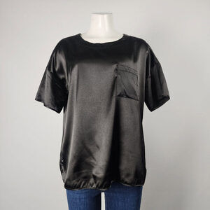 Ekouaer Black Satin Short Sleeve Top Size S